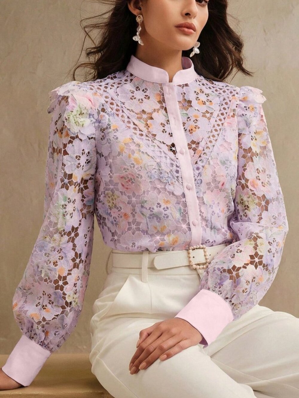 Purple Elegant Women's floral embroidered blouse - Picture 3 of 7